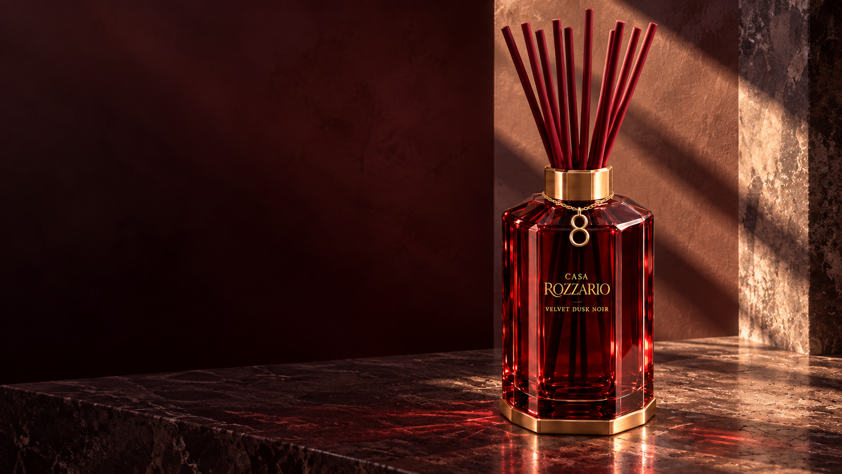 Velvet Dusk Noir: garnet glass, burgundy reeds and the signature eight charm