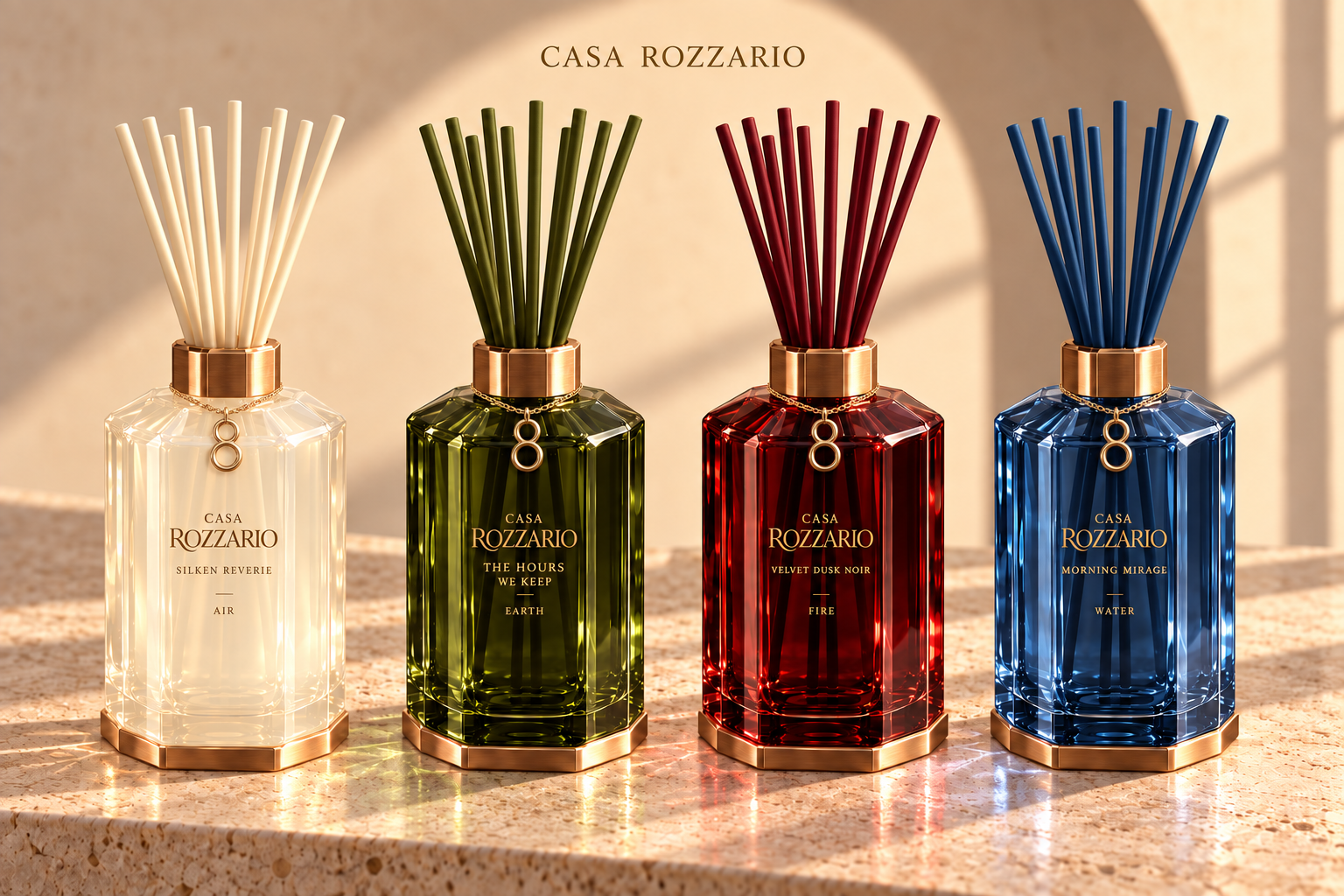 Silken Reverie — Milky ivory, octagonal diffuser with matching reeds and an eight charm